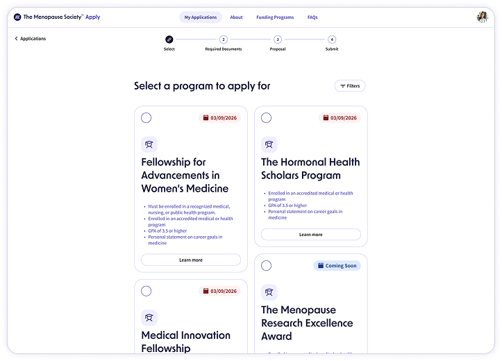 Preview of The Menopause Society Apply program selection screen