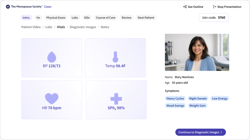 A Cases presentation showing patient vitals, symptoms and profile for Mary Martinez